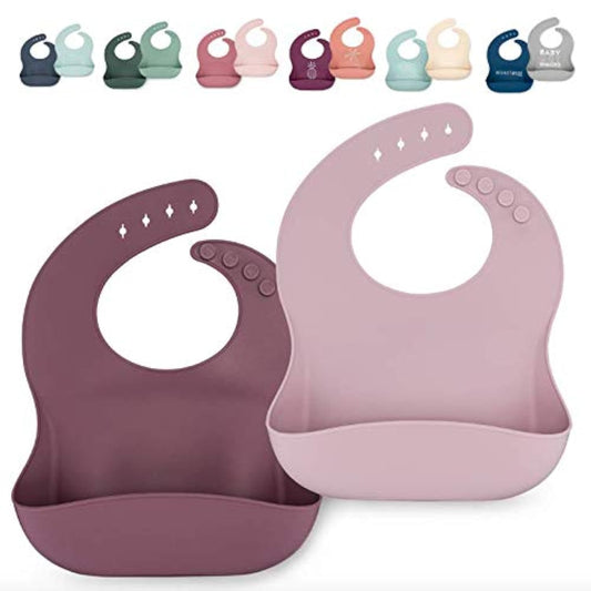 AVA + OLIVER Waterproof Silicone Bib Set with Adjustable Neck - Durable Silicone Bibs for Babies and Toddlers - Deep Food Catcher Pocket Bib for Mess-free Mealtimes - Set of 2 (Lavender)